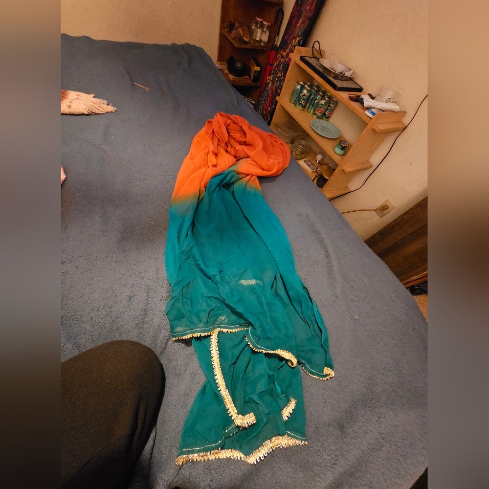 Sheer Orange and Teal Scarf with Gold Trim